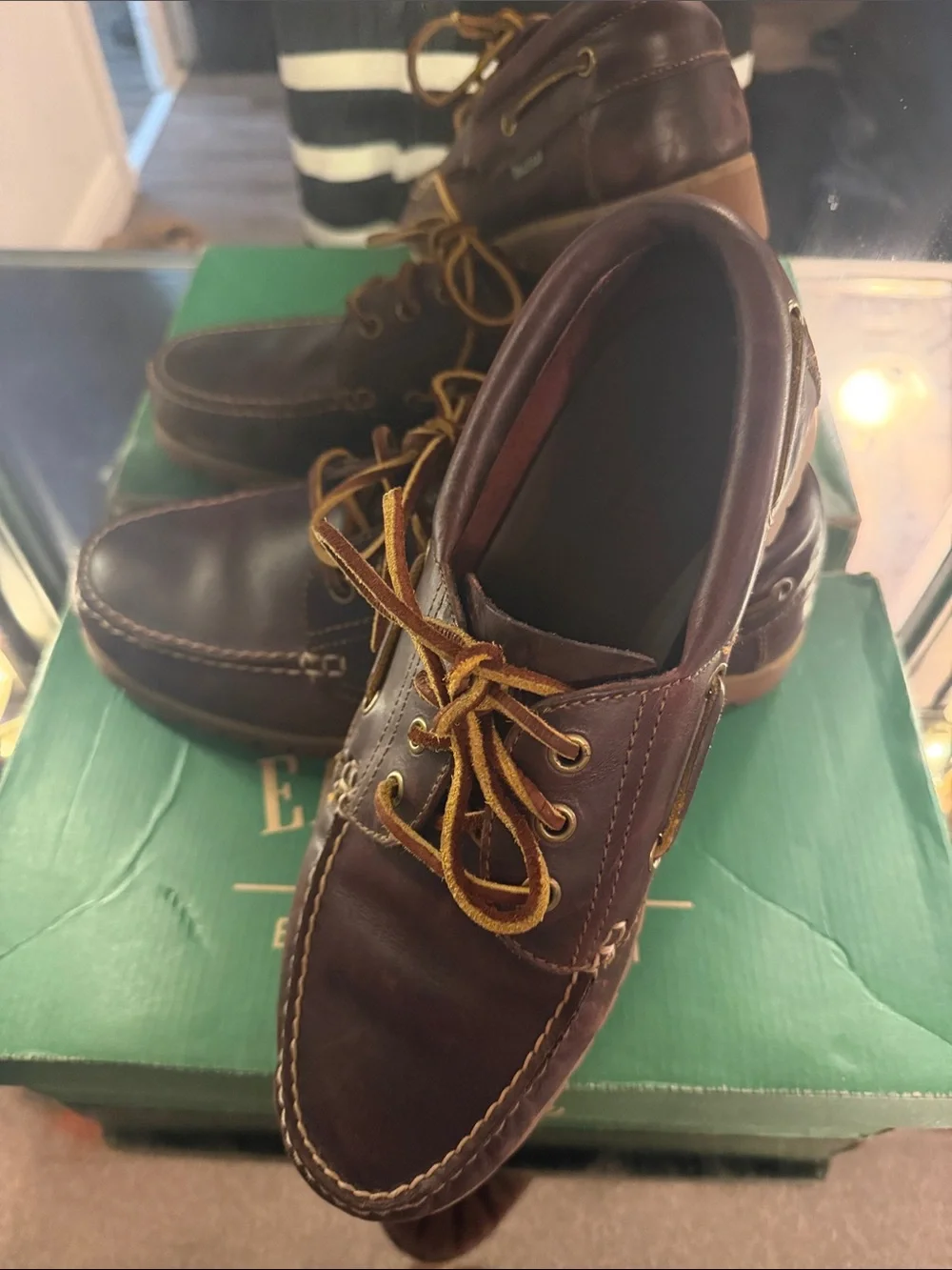 Eastland Men’s Dark Brown Leather Boat Shoes with Tan Laces